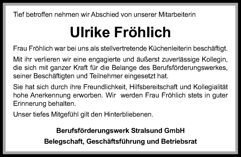  Traueranzeige für Ulrike Fröhlich vom 23.06.2018 aus Ostsee-Zeitung GmbH
