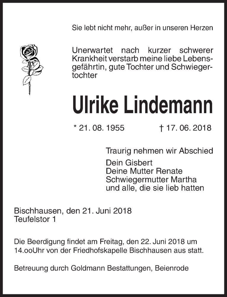  Traueranzeige für Ulrike Lindemann vom 21.06.2018 aus Göttinger Tageblatt