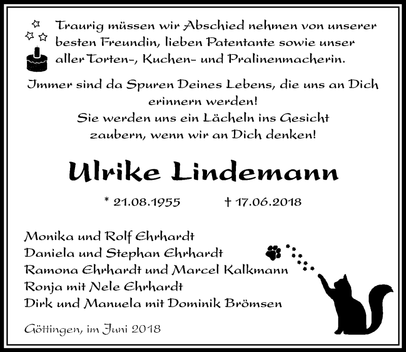  Traueranzeige für Ulrike Lindemann vom 21.06.2018 aus Göttinger Tageblatt