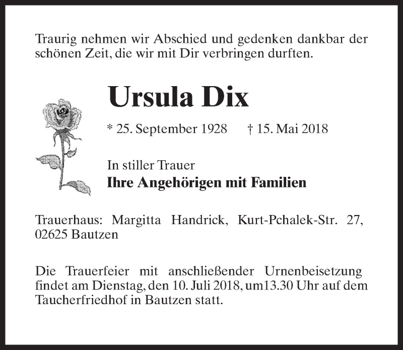  Traueranzeige für Ursula Dix vom 02.06.2018 aus Märkischen Allgemeine Zeitung