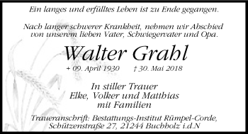 Traueranzeige von Walter Grahl von Kieler Nachrichten