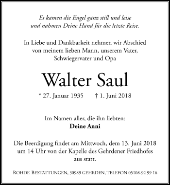 Traueranzeige von Walter Saul von Hannoversche Allgemeine Zeitung/Neue Presse