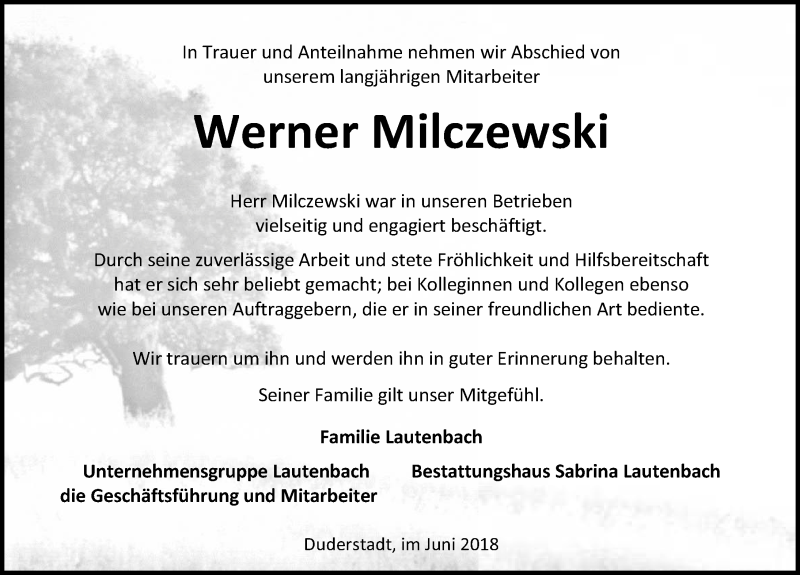  Traueranzeige für Werner Milczewski vom 16.06.2018 aus Eichsfelder Tageblatt