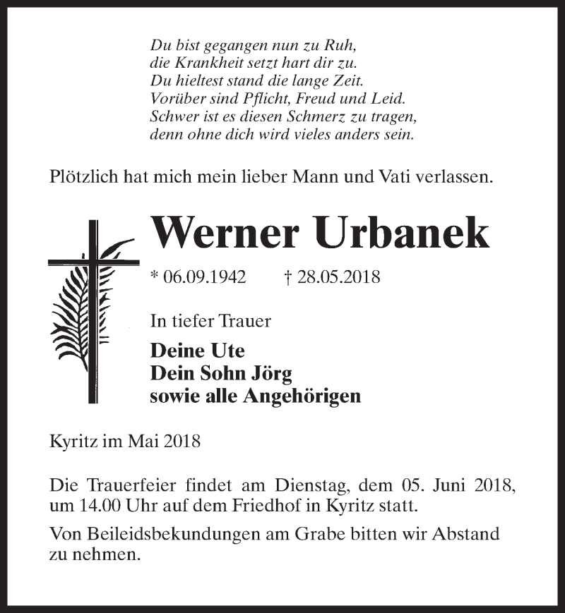  Traueranzeige für Werner Urbanek vom 02.06.2018 aus Märkischen Allgemeine Zeitung