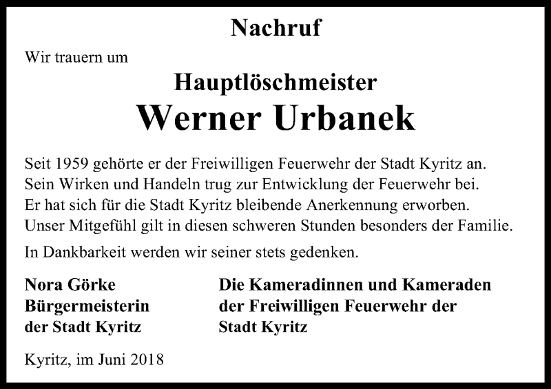  Traueranzeige für Werner Urbanek vom 14.06.2018 aus Märkischen Allgemeine Zeitung
