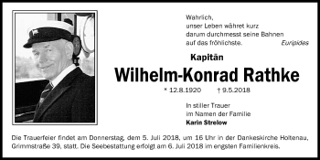 Traueranzeige von Wilhelm-Konrad Rathke von Kieler Nachrichten