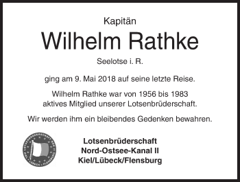 Traueranzeige von Wilhelm Rathke von Kieler Nachrichten