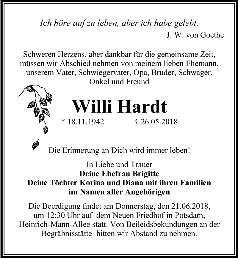  Traueranzeige für Willi Hardt vom 02.06.2018 aus Märkischen Allgemeine Zeitung