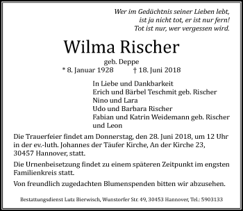 Traueranzeige von Wilma Rischer von Hannoversche Allgemeine Zeitung/Neue Presse