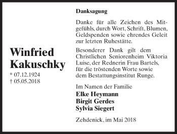 Traueranzeige von Winfried Kakuschky von Märkischen Allgemeine Zeitung