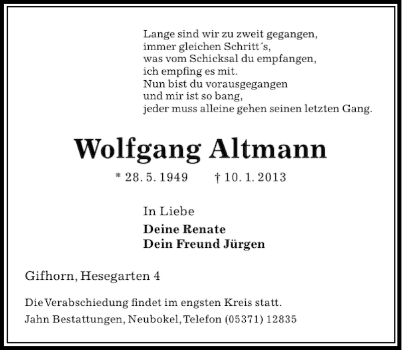  Traueranzeige für Wolfgang Altmann vom  aus Aller Zeitung / Wolfsburger Allgemeine