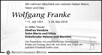 Traueranzeige von Wolfgang Franke von Leipziger Volkszeitung