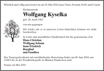 Traueranzeige von Wolfgang Kyselka von Märkischen Allgemeine Zeitung