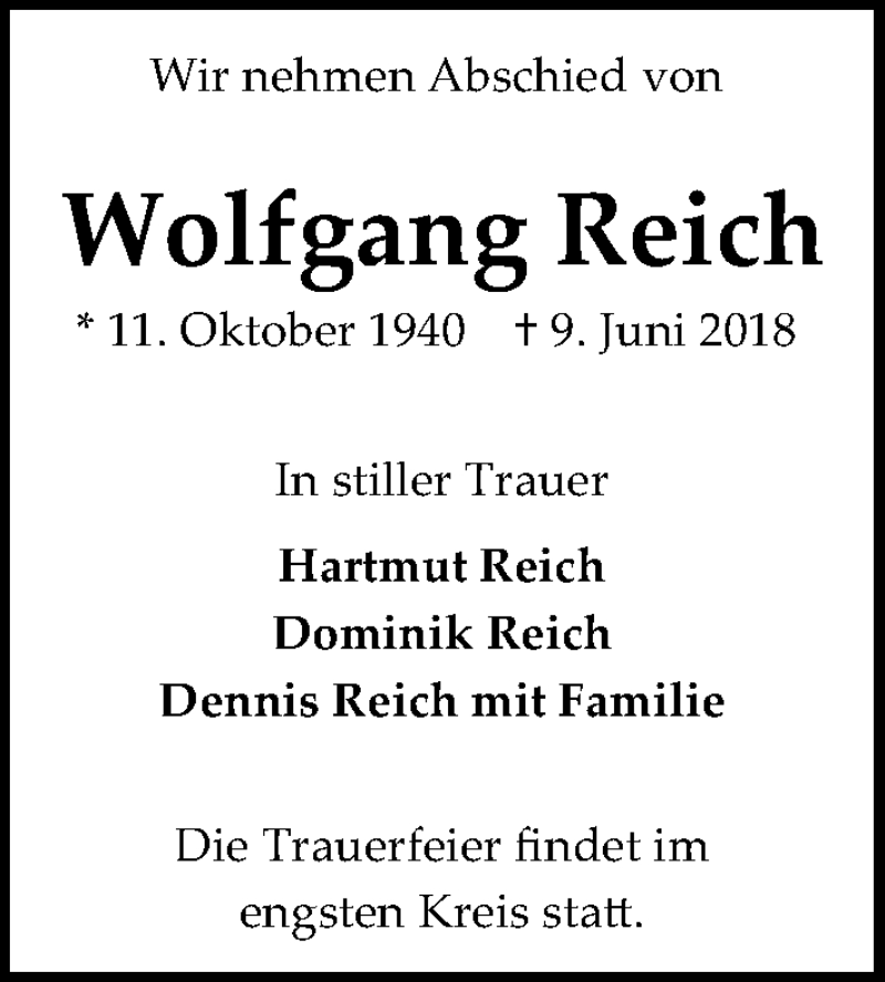  Traueranzeige für Wolfgang Reich vom 20.06.2018 aus Hannoversche Allgemeine Zeitung/Neue Presse