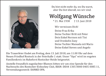 Traueranzeige von Wolfgang Wünsche von Ostsee-Zeitung GmbH