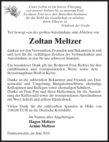Traueranzeige von Zoltan Meltzer von Märkischen Allgemeine Zeitung