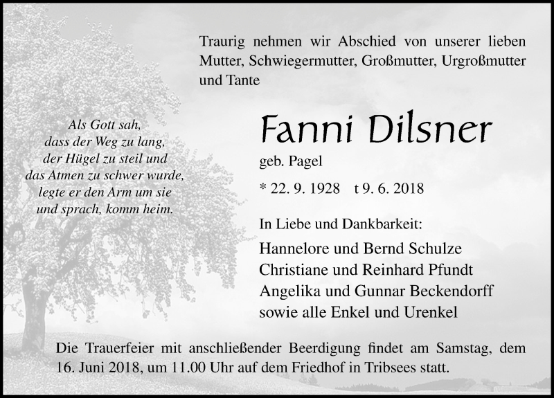  Traueranzeige für Fanni Dilsner vom 13.06.2018 aus Ostsee Zeitung