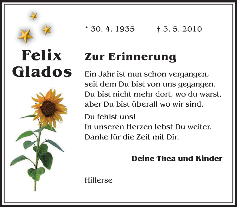  Traueranzeige für Felix Glados vom 03.05.2011 aus Aller-Zeitung/Wolfsburger Allgemeine