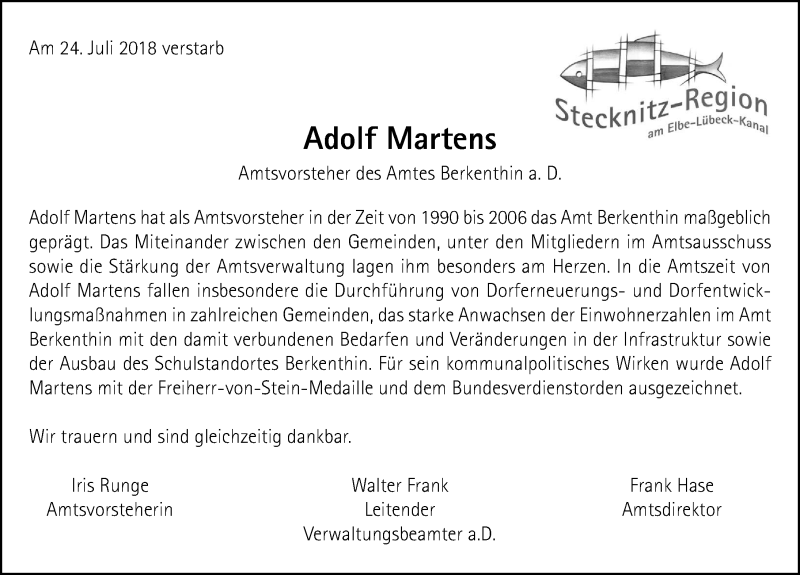  Traueranzeige für Adolf Martens vom 28.07.2018 aus Lübecker Nachrichten