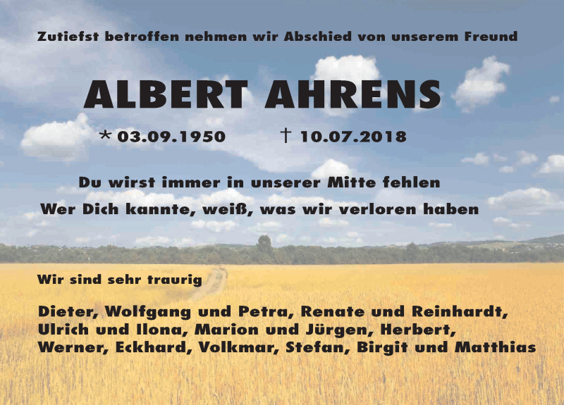  Traueranzeige für Albert Ahrens vom 14.07.2018 aus Göttinger Tageblatt
