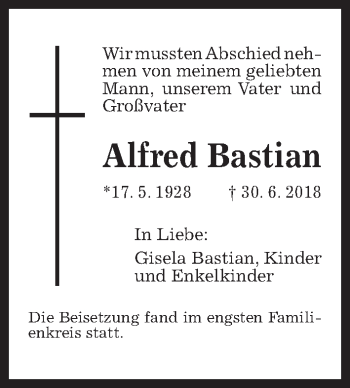 Traueranzeige von Alfred Bastian von Hannoversche Allgemeine Zeitung/Neue Presse