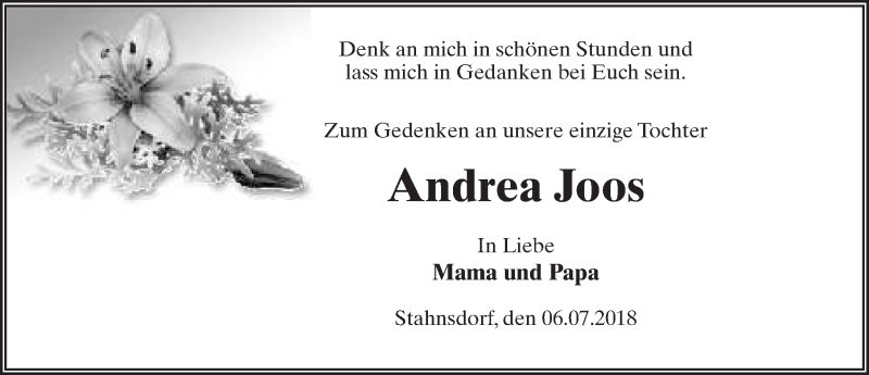  Traueranzeige für Andrea Joos vom 07.07.2018 aus Märkischen Allgemeine Zeitung