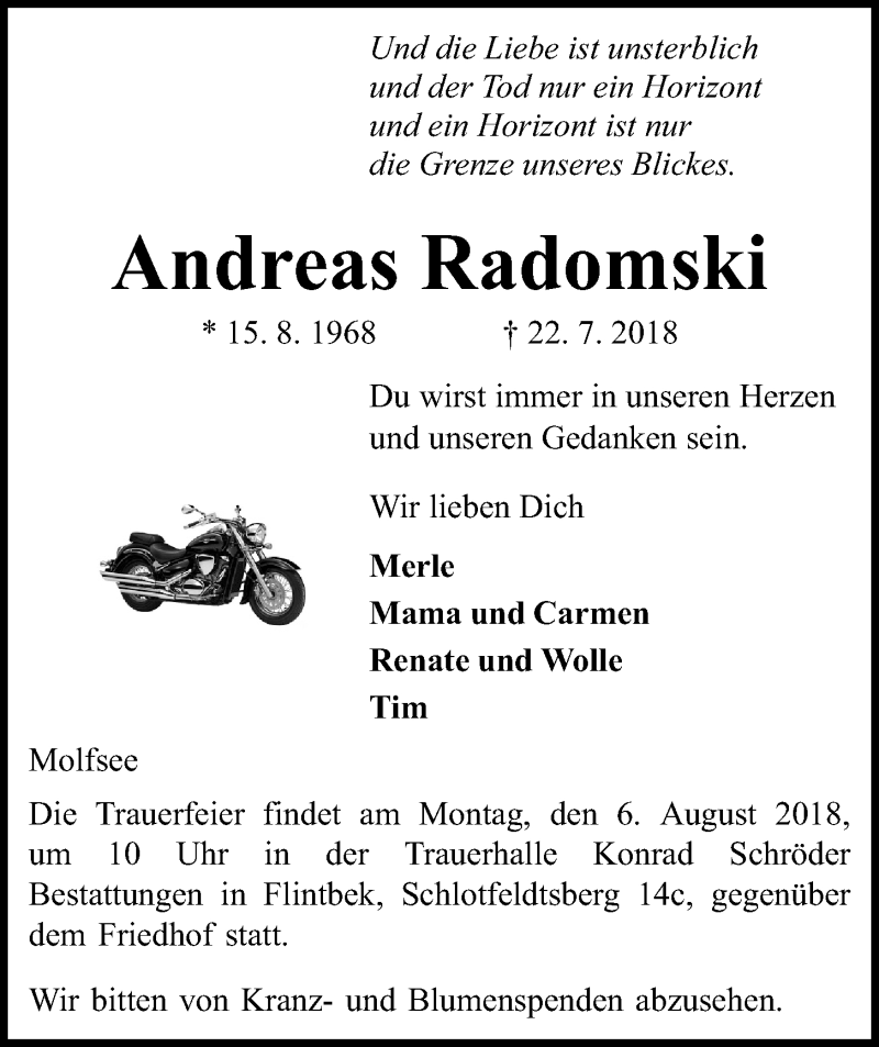  Traueranzeige für Andreas Radomski vom 28.07.2018 aus Kieler Nachrichten