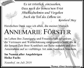 Traueranzeige von Annemarie Förster von Leipziger Volkszeitung