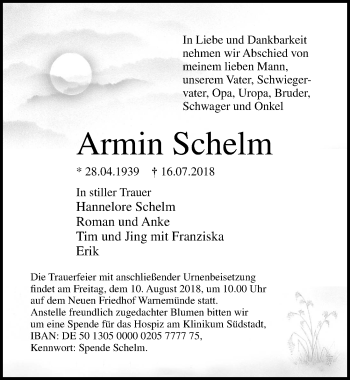 Traueranzeige von Armin Schelm von Ostsee-Zeitung GmbH