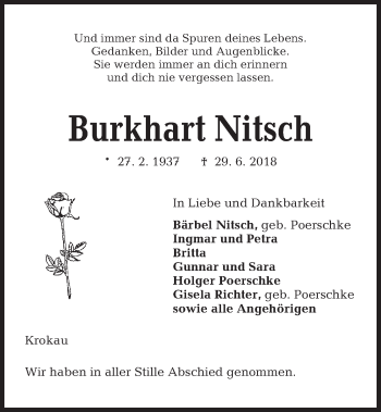 Traueranzeige von Burkhart Nitsch von Kieler Nachrichten