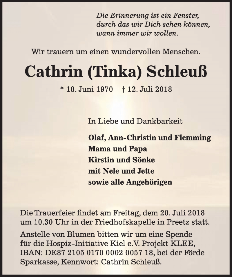  Traueranzeige für Cathrin Schleuß vom 18.07.2018 aus Kieler Nachrichten