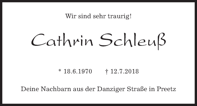 Traueranzeige für Cathrin Schleuß vom 18.07.2018 aus Kieler Nachrichten