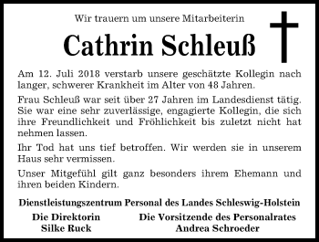 Traueranzeige von Cathrin Schleuß von Kieler Nachrichten