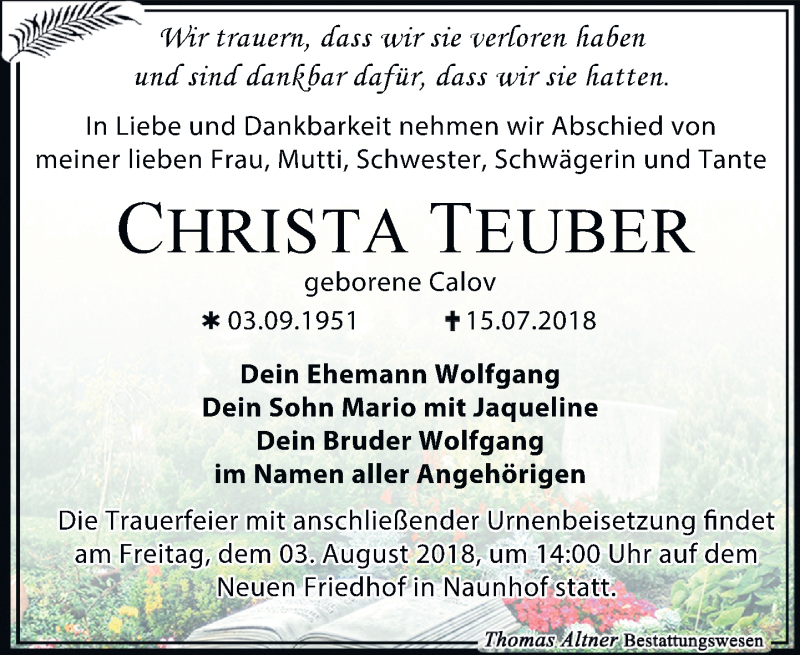  Traueranzeige für Christa Teuber vom 21.07.2018 aus Leipziger Volkszeitung