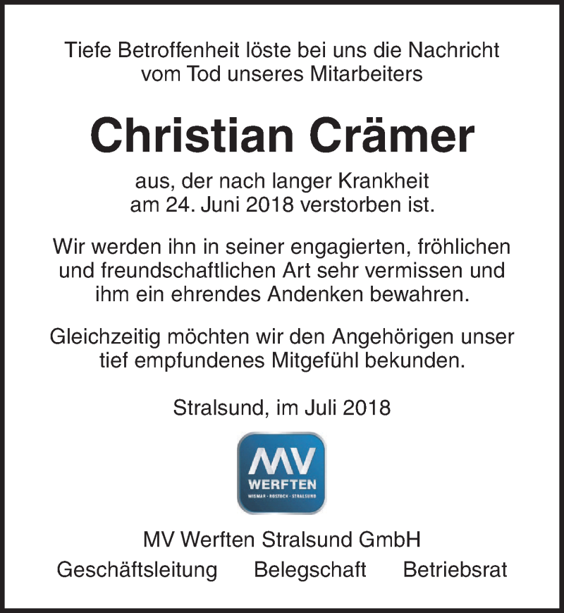  Traueranzeige für Christian Crämer vom 07.07.2018 aus Ostsee-Zeitung GmbH