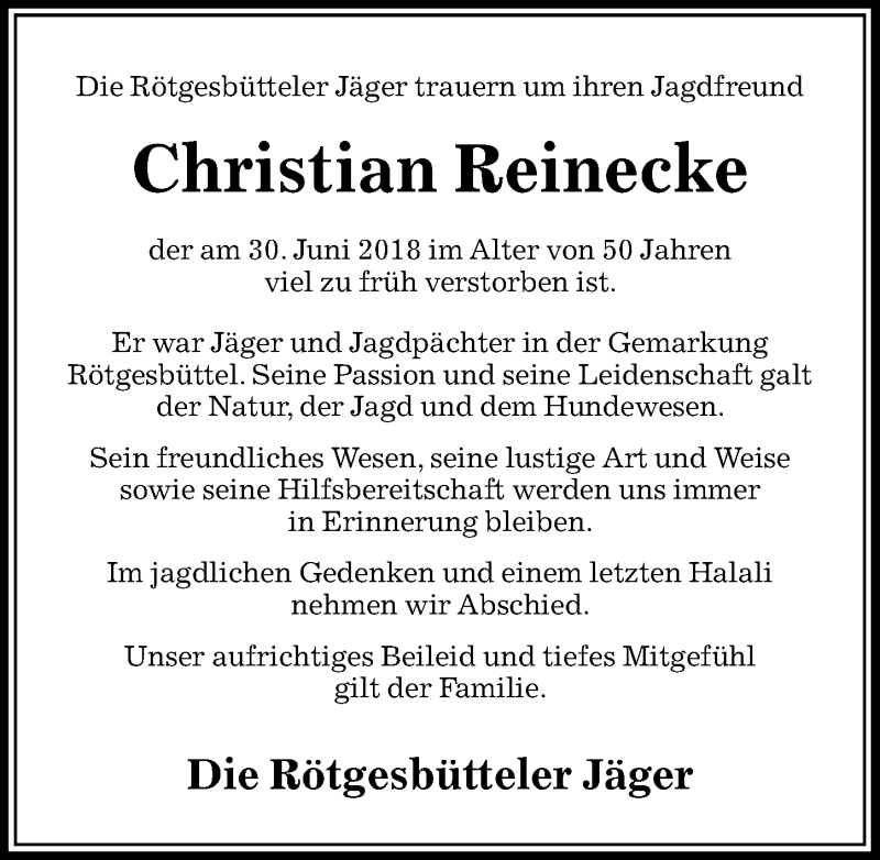  Traueranzeige für Christian Reinecke vom 10.07.2018 aus Aller Zeitung