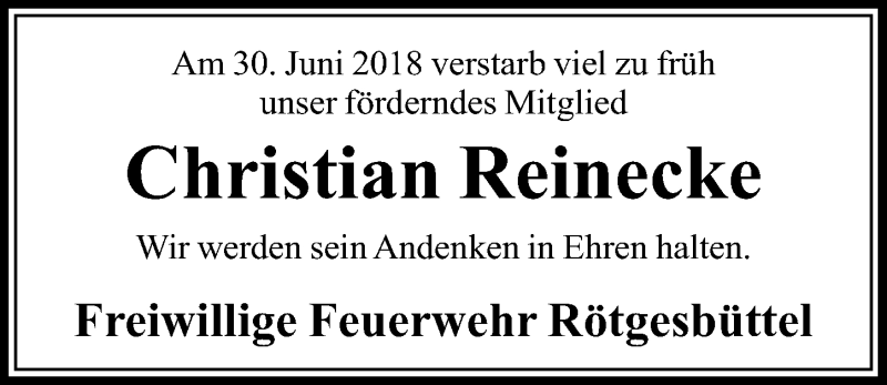  Traueranzeige für Christian Reinecke vom 06.07.2018 aus Aller Zeitung