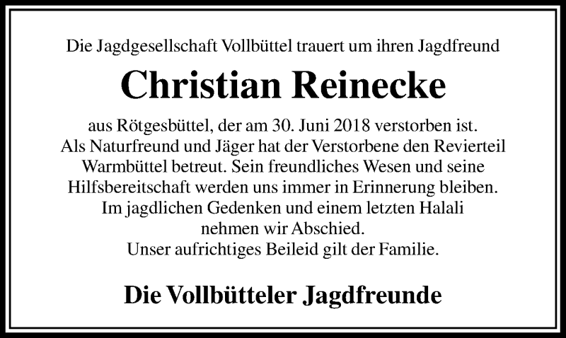  Traueranzeige für Christian Reinecke vom 05.07.2018 aus Aller Zeitung