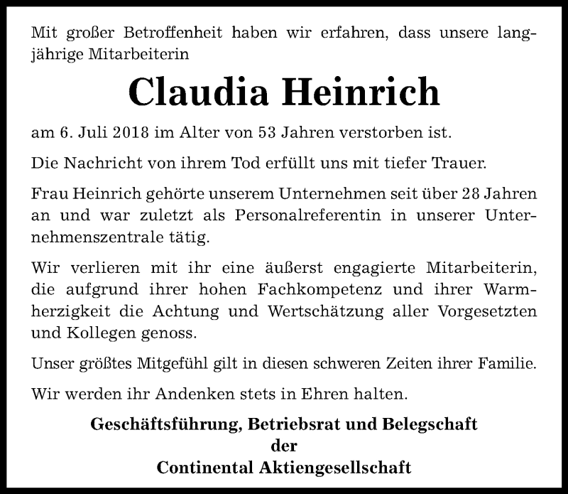  Traueranzeige für Claudia Heinrich vom 11.07.2018 aus Hannoversche Allgemeine Zeitung/Neue Presse