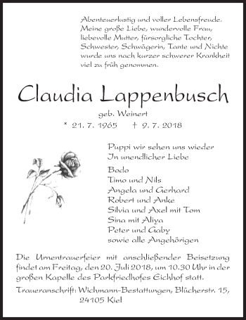 Traueranzeige von Claudia Lappenbusch von Kieler Nachrichten