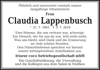 Traueranzeige von Claudia Lappenbusch von Kieler Nachrichten