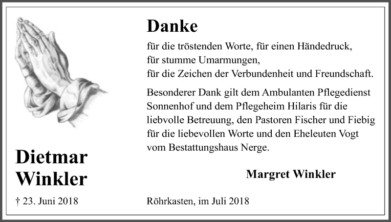  Traueranzeige für Dietmar Winkler vom 21.07.2018 aus Schaumburger Nachrichten