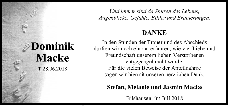  Traueranzeige für Dominik Macke vom 21.07.2018 aus Eichsfelder Tageblatt