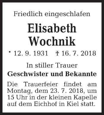 Traueranzeige von Elisabeth Wochnik von Kieler Nachrichten
