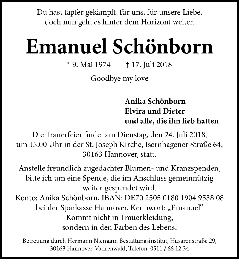  Traueranzeige für Emanuel Schönborn vom 21.07.2018 aus Hannoversche Allgemeine Zeitung/Neue Presse