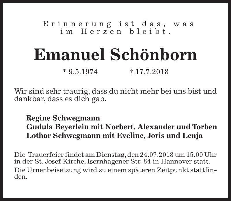  Traueranzeige für Emanuel Schönborn vom 21.07.2018 aus Hannoversche Allgemeine Zeitung/Neue Presse