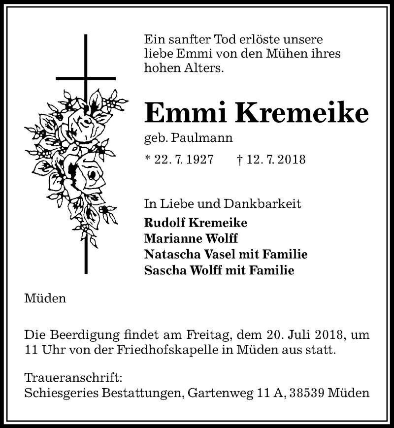 Traueranzeige für Emmi Kremeike vom 14.07.2018 aus Aller Zeitung