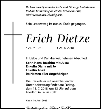 Traueranzeige von Erich Dietze von Torgauer Zeitung