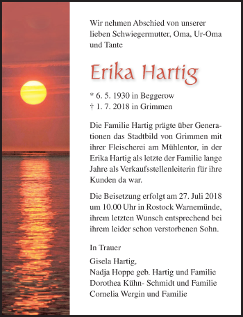 Traueranzeige von Erika Hartig von Ostsee-Zeitung GmbH