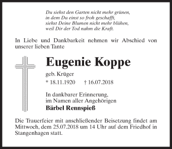 Traueranzeige von Eugenie Koppe von Märkischen Allgemeine Zeitung